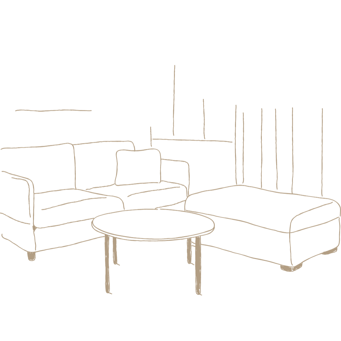 Strichzeichnung eines minimalistischen Wohnraums mit Sofa und Tisch